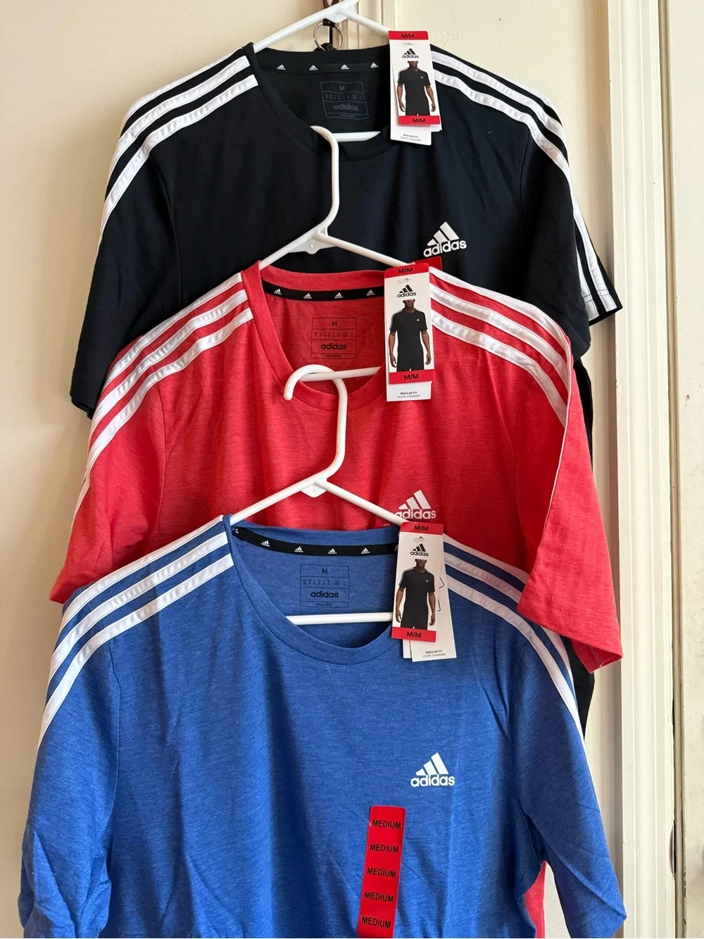 Adidas Men’s Short-Sleeve 3-Stripe Tees in Black, Red & Blue (M)
